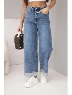 Dámské kalhoty s širokými nohavicemi a zdobeným spodním lemem džínové modré