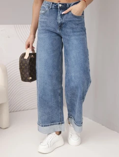 Dámské kalhoty s širokými nohavicemi a zdobeným spodním lemem džínové modré