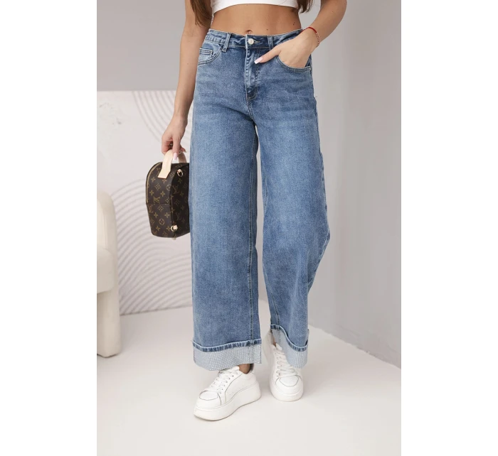Dámské kalhoty s širokými nohavicemi a zdobeným spodním lemem džínové modré Dámské kalhoty s širokými nohavicemi a zdobeným spodním lemem džínové modré