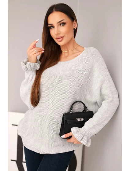 Svetr dámský z mohairu s nařasenými rukávy a výstřihem na zádech světlá šedá Svetr dámský z mohairu s nařasenými rukávy a výstřihem na zádech světlá šedá