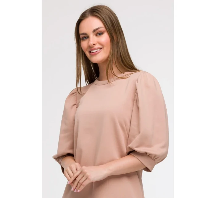 B291 Šaty áčkového střihu s pouzdrovými rukávy - mocca