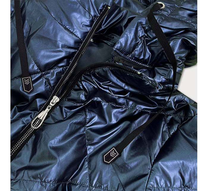 Tmavě modrá lesklá dámská bunda s kapucí (B9575)
