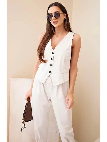 Dámský elegantní komplet s vestou na knoflíky a kalhotami béžový