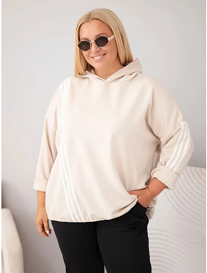 Dámská mikina Plus Size z viskózy s kapucí a ozdobnými proužky béžová Dámská mikina Plus Size z viskózy s kapucí a ozdobnými proužky béžová