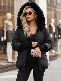 Dámská zimní prošívaná bunda s kožešinou, černá, FashionStreet TY5995