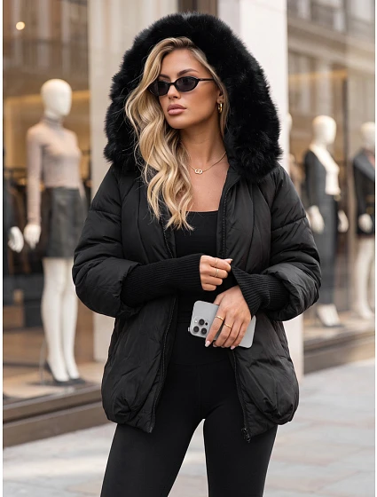 Dámská zimní prošívaná bunda s kožešinou, černá, FashionStreet TY5995 Dámská zimní prošívaná bunda s kožešinou, černá, FashionStreet TY5995