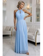 Elegantní maxi večerní šaty na ramínka s a zavazováním v pase modré model 22004204 - numoco basic