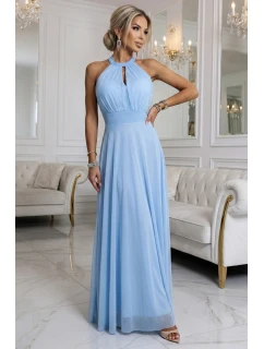 Elegantní maxi večerní šaty na ramínka s a zavazováním v pase modré model 22004204 - numoco basic