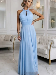 662-1 Elegantní maxi večerní šaty na ramínka s tylem a zavazováním v pase - modré