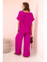 Dámský komplet z viskózy s ozdobným květem a širokými kalhotami - tmavě fialový