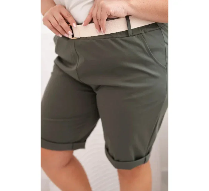 Dámské bavlněné šortky Plus Size s páskem khaki Dámské bavlněné šortky Plus Size s páskem khaki