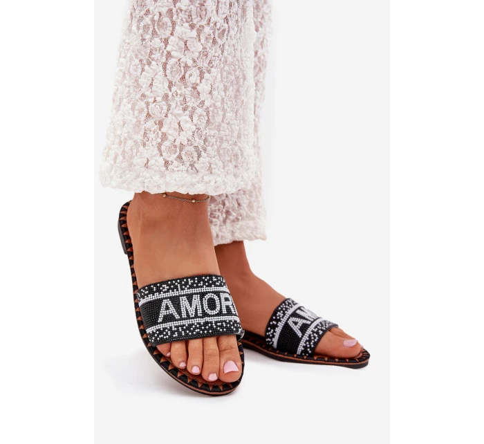 Dámské Pantofle Na Plochém Podpatku Se Zdobením Amore Černé Avelina