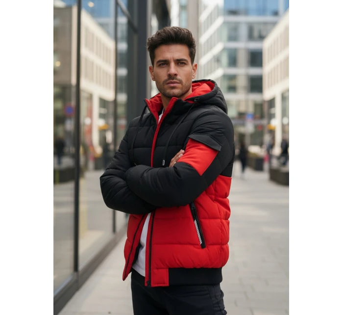 Pánská červeno-černá zimní bunda s kapucí FashionStreet TX5099