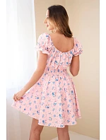 Dámské květinové šaty s nabíraným rukávem a elastickým pasem pudrově růžová