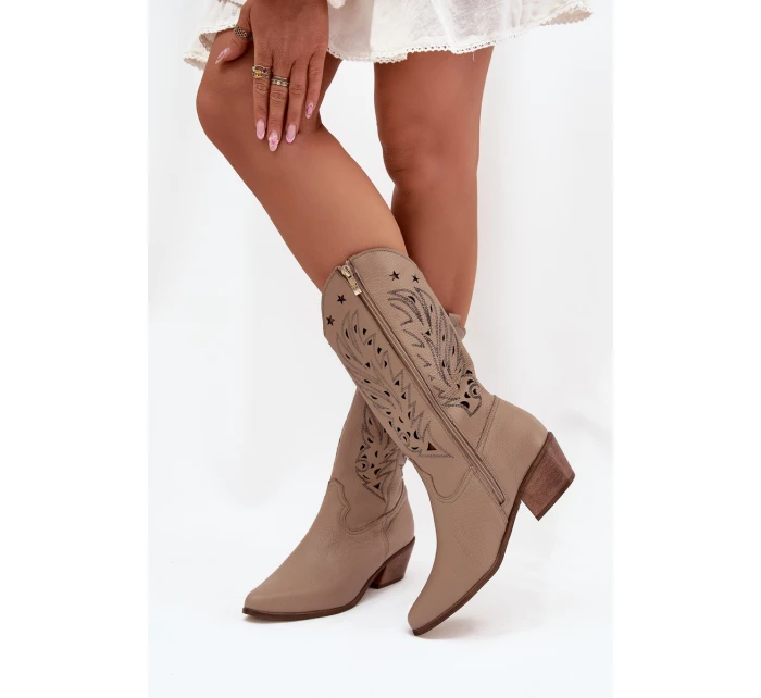 Kožené Kozačky S Vzorkovaným Svrškem Tmavě Béžové Zazoo 3714