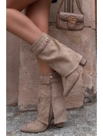 Zateplené dámské kotníkové boty na podpatku s ozdobným páskem khaki model 21715357 - Boto