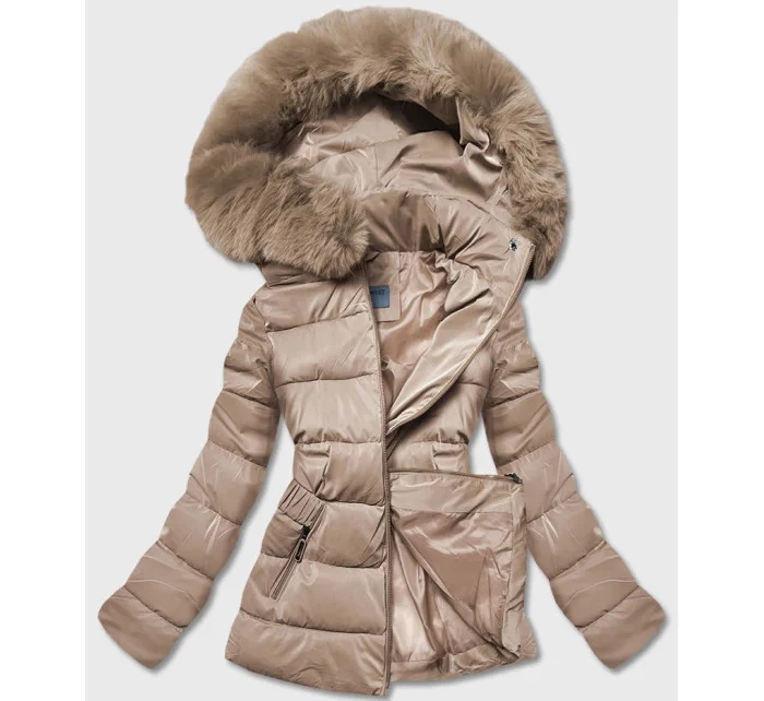 Béžová krátká lesklá dámská bunda (B8090-46)