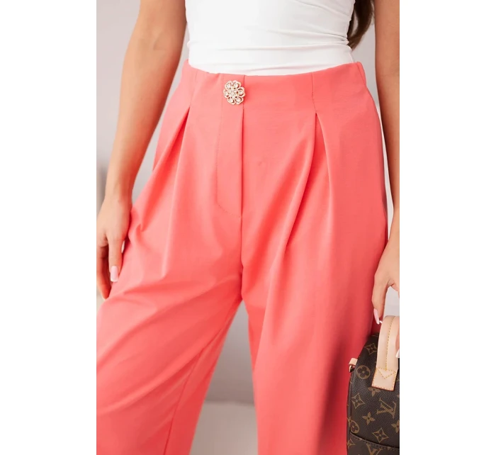 Dámské bavlněné kalhoty s vysokým pasem a ozdobným knoflíkem růžové