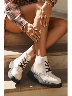 Zateplené dámské kotníkové boty na platformě na šněrování světlé béžové model 21710996 - Boto