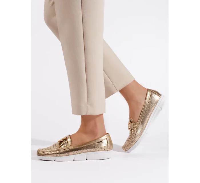 Klasické  mokasíny zlaté dámské bez podpatku