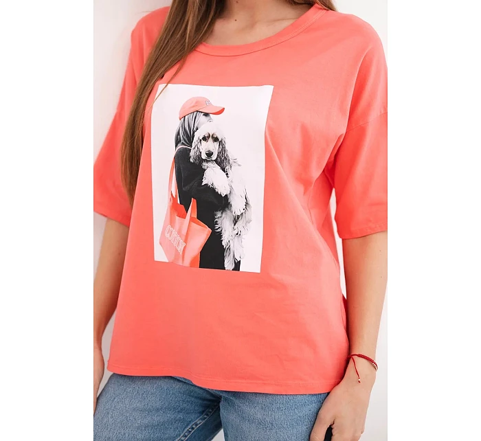 Dámská bavlněná oversize halenka s krátkým rukávem a módním potiskem meruňková