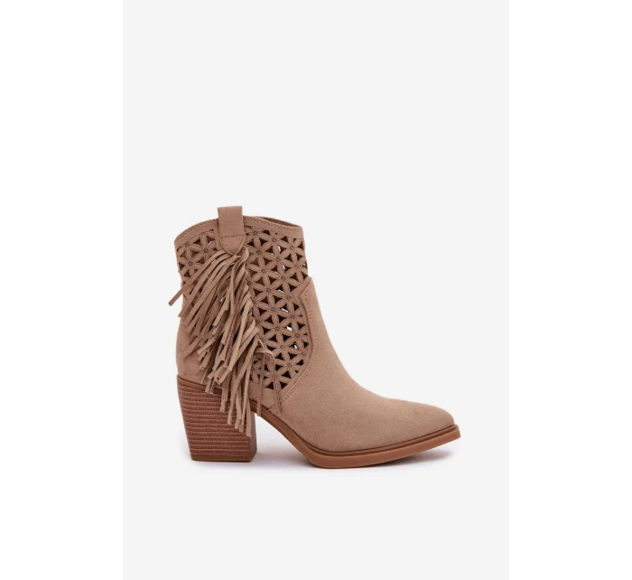 Dámské perforované kožené boty s kovbojským vzhledem na podpätku s třásněmi Béžové Calissey