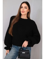 Dámský svetr s přídavkem mohairu s hrubým pletením a ozdobnými rukávy černý