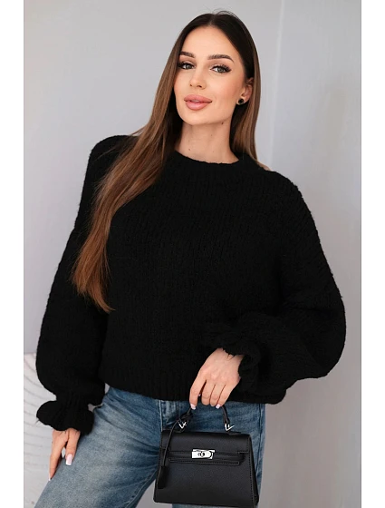 Dámský svetr s přídavkem mohairu s model 21857683 pletením a ozdobnými rukávy černý - K-Fashion