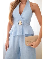 Dámský viskózový komplet model 22079427 top a kalhoty s širokými nohavicemi modrý - K-Fashion