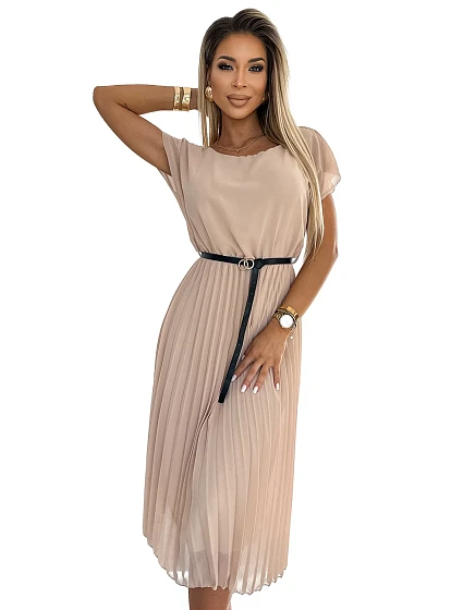 Béžové dámské plisované midi šaty s černým opaskem model 20162133 - numoco basic Béžové dámské plisované midi šaty s černým opaskem model 20162133 - numoco basic