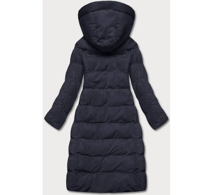 Tmavě modrá dlouhá dámská zimní bunda s kožešinovou podšívkou (2M-025)