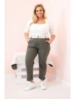 Dámské bavlněné kalhoty Plus Size s páskem khaki