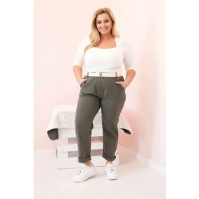 Dámské bavlněné kalhoty Plus Size s páskem khaki