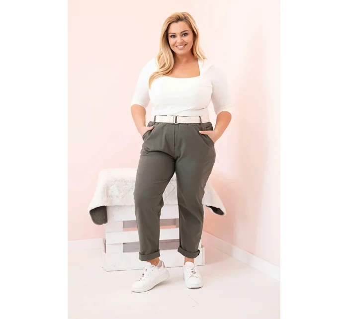 Dámské bavlněné kalhoty Plus Size s páskem khaki