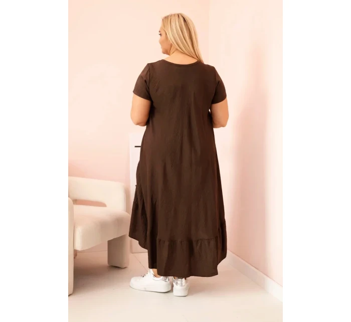 Dámské šaty plus size s krátkým rukávem a volánem z lehké viskózy hnědá