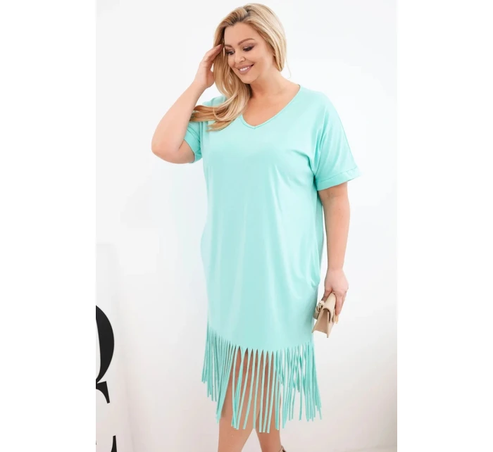 Dámské bavlněné šaty s výstřihem do V a třásněmi Plus Size mátová