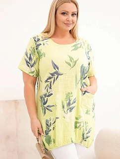 Dámská bavlněná halenka Plus size s krátkým rukávem a vázáním dole světle zelená