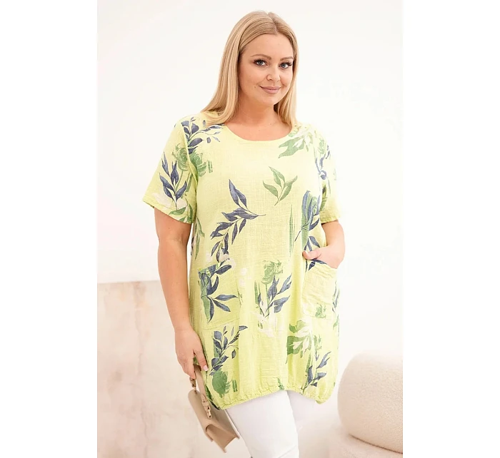 Dámská bavlněná halenka Plus size s krátkým rukávem a vázáním dole světle zelená