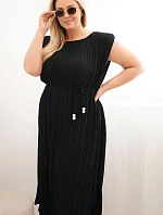 Dámské plus size viskózové plisované šaty s vázáním černá