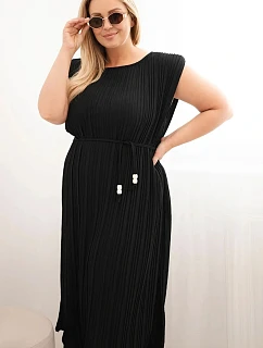 Dámské plus size viskózové plisované šaty s vázáním černá