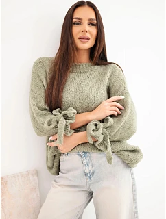 Dámský oversize svetr se zavazováním u rukávů khaki