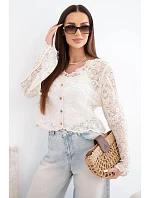 Dámský bavlněný krajkový svetr zapínaný na knoflíky s dlouhým rukávem béžový
