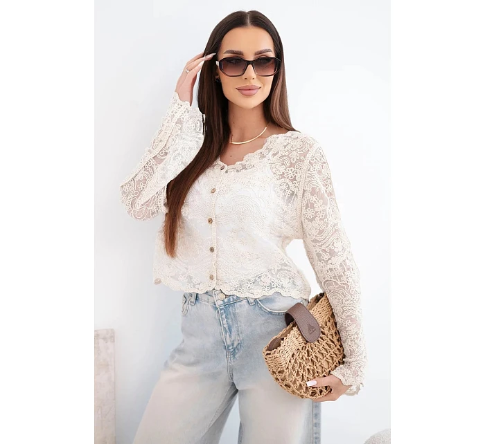 Dámský bavlněný krajkový svetr zapínaný na knoflíky s dlouhým rukávem béžový