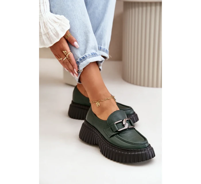 Zazoo Polobotky Mokasíny Dámské Z Přírodní Kůže Tmavě Zelené