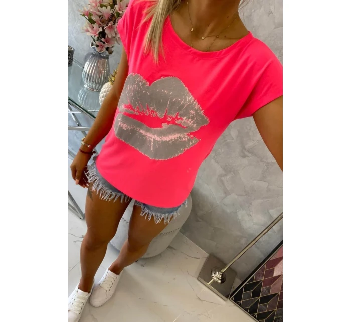 Halenka s potiskem rtů růžová neonová