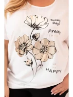 Dámská blůza Plus Size z viskózy s květinovým potiskem a nápisem ecru