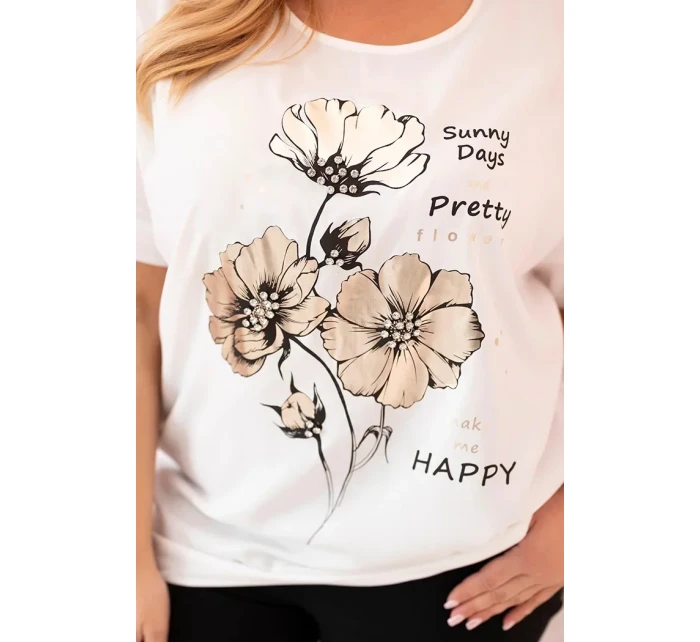 Dámská blůza Plus Size z viskózy s květinovým potiskem a nápisem ecru