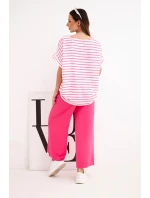 Dámský komplet z viskózy s pruhovanou blůzou a širokými kalhotami s gumou fuchsie