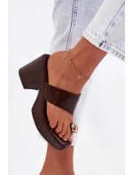 Dámské Pantofle na Podpatku se Zlatým Detalem Čokoládové model 22037693 - Boto