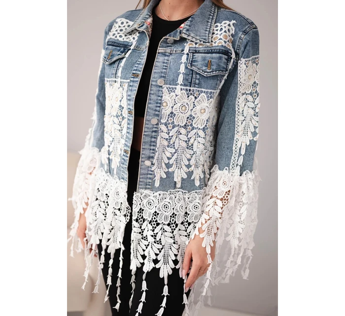 Dámská džínová bunda bavlněná s krajkou a třásněmi tmavě džínová